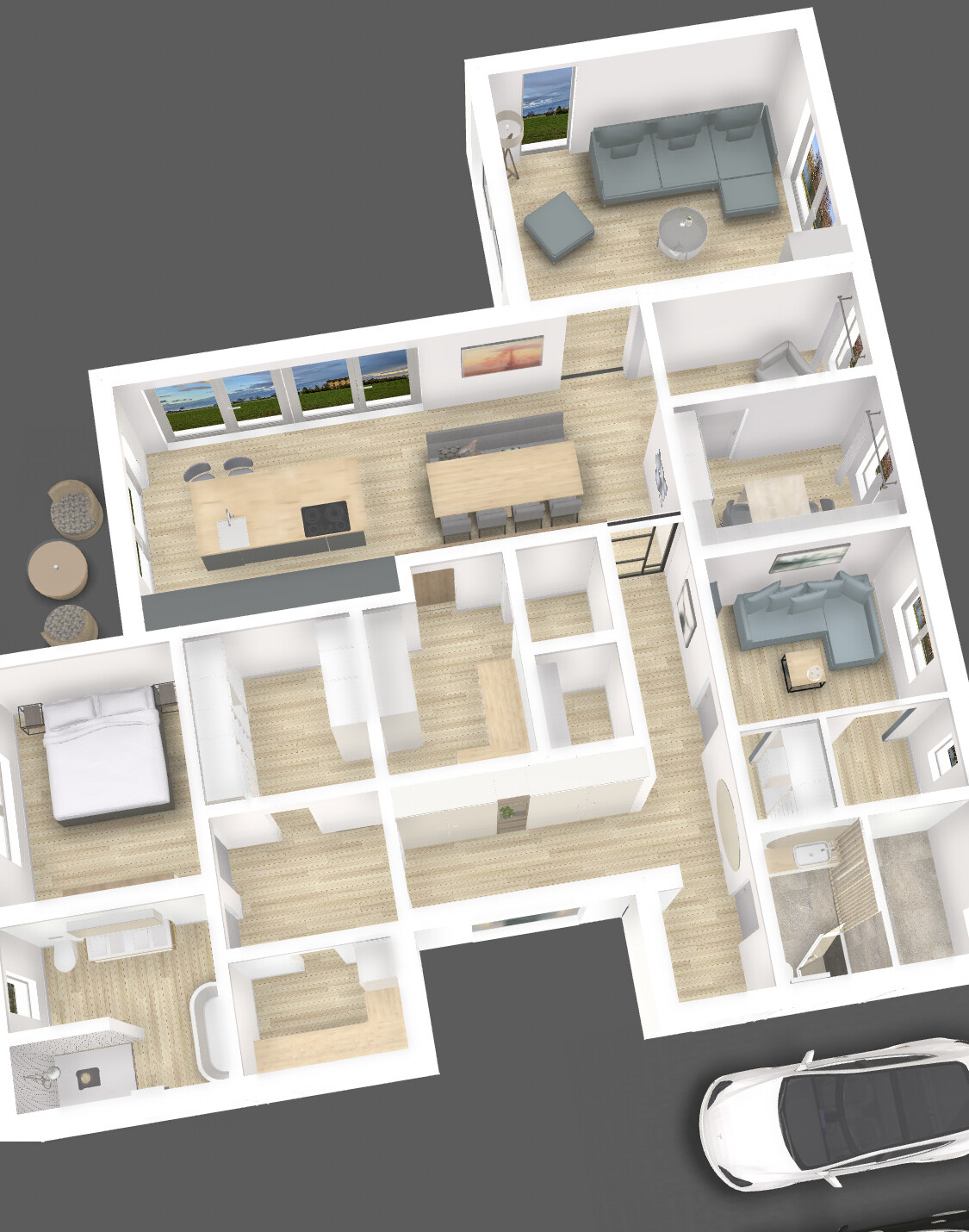 3D-Hausgrundriss mit Küche, Essbereich, Wohnzimmer, Schlafzimmer, Bad; Auto vor dem Haus