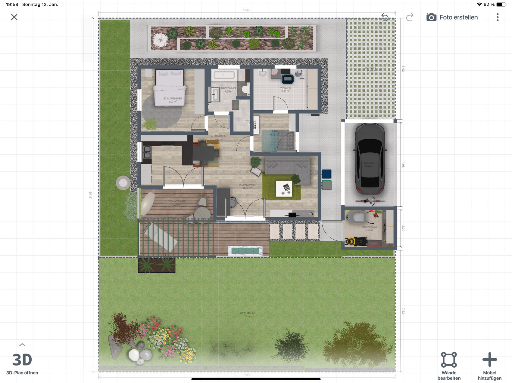 Lageplan eines Einfamilienhauses von oben: Garten, Garage, Terrasse, Wohnzimmer, Küche, Schlafzimmer.