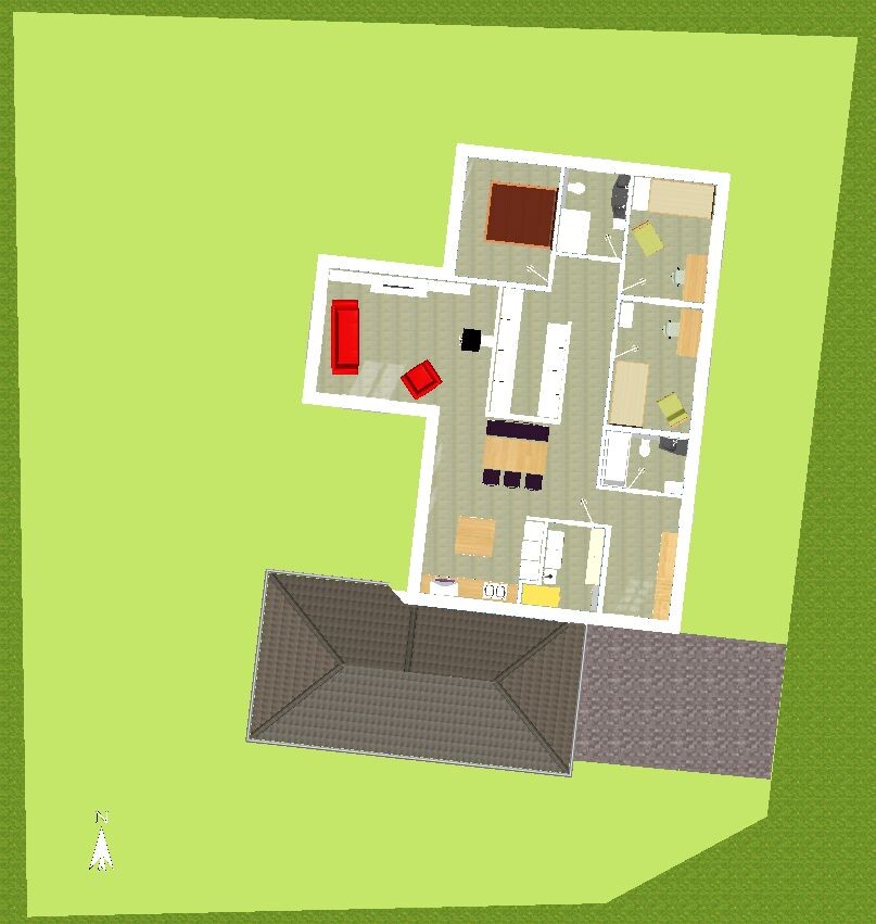 Grundriss eines Hauses von oben: Wohnzimmer, Küche, Essbereich, Schlafzimmer, Bad, auf grünem Grund.
