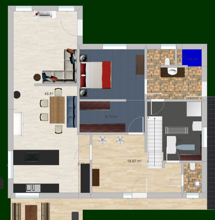 Grundriss eines Hauses mit Küche, Essecke, Wohnzimmer, Schlafzimmer, Bad und Treppenhaus
