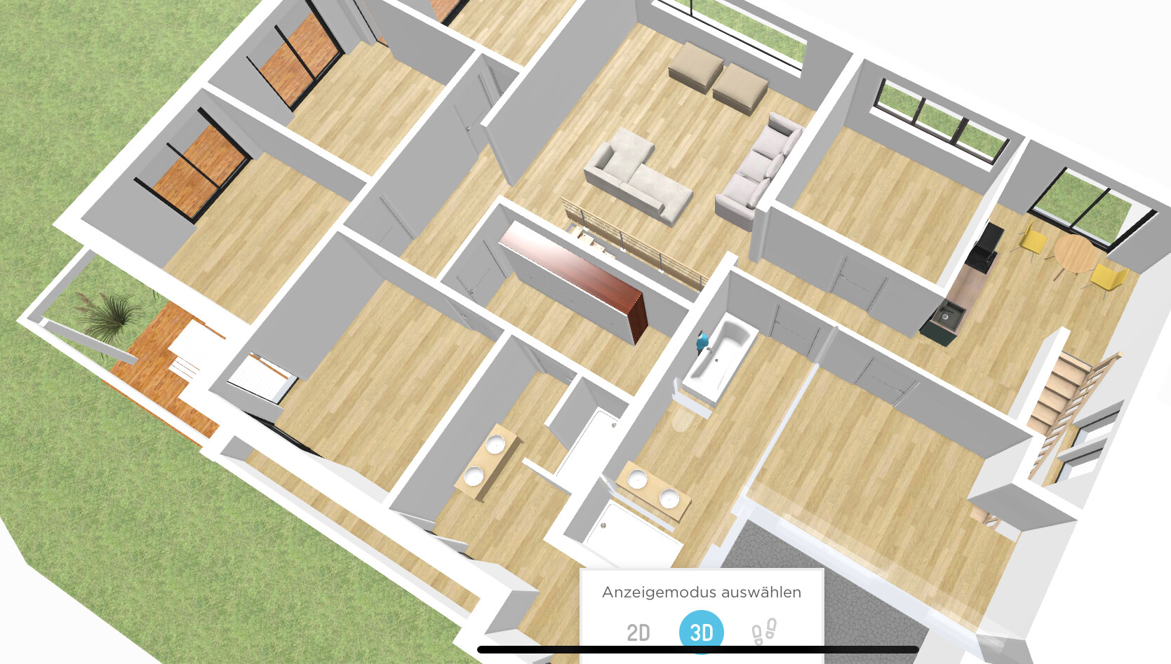 3D-Grundriss eines Hauses mit Wohnzimmer, Küche und Treppen