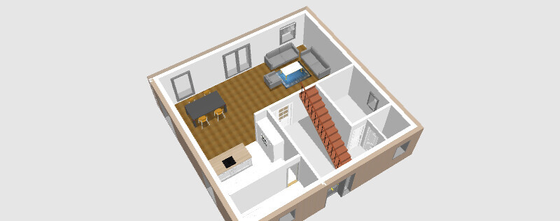 Isometrische 3D-Ansicht eines Apartments: Wohnzimmer, Essbereich, Küche, Treppe, Schlafzimmer.