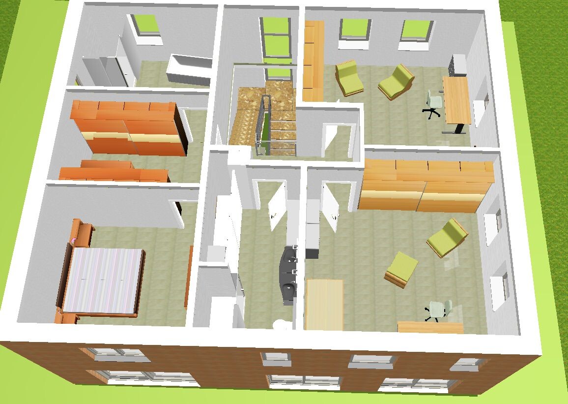 3D-Grundriss eines Hauses: zentrale Treppe, Schlafzimmer links, Büro und Wohnzimmer rechts.