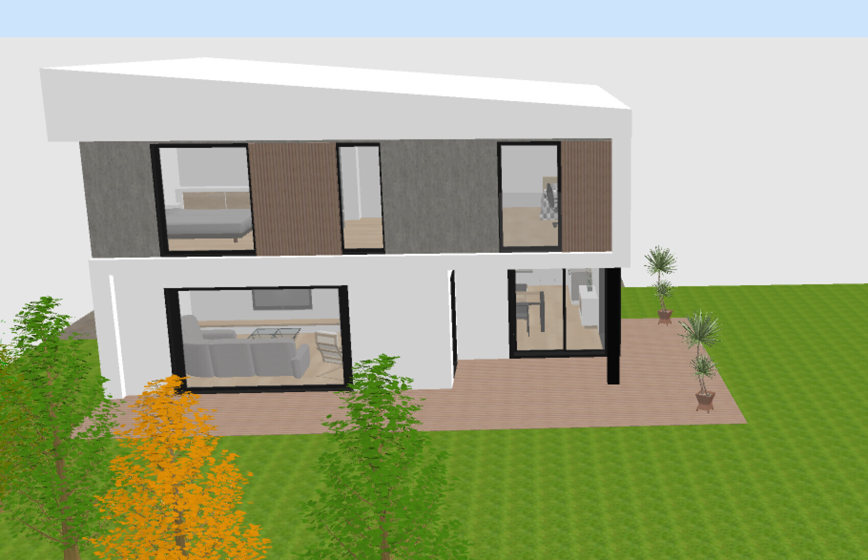 Zweistöckiges modernes Haus mit großen Fenstern, Holzverkleidung, Terrasse und Garten.