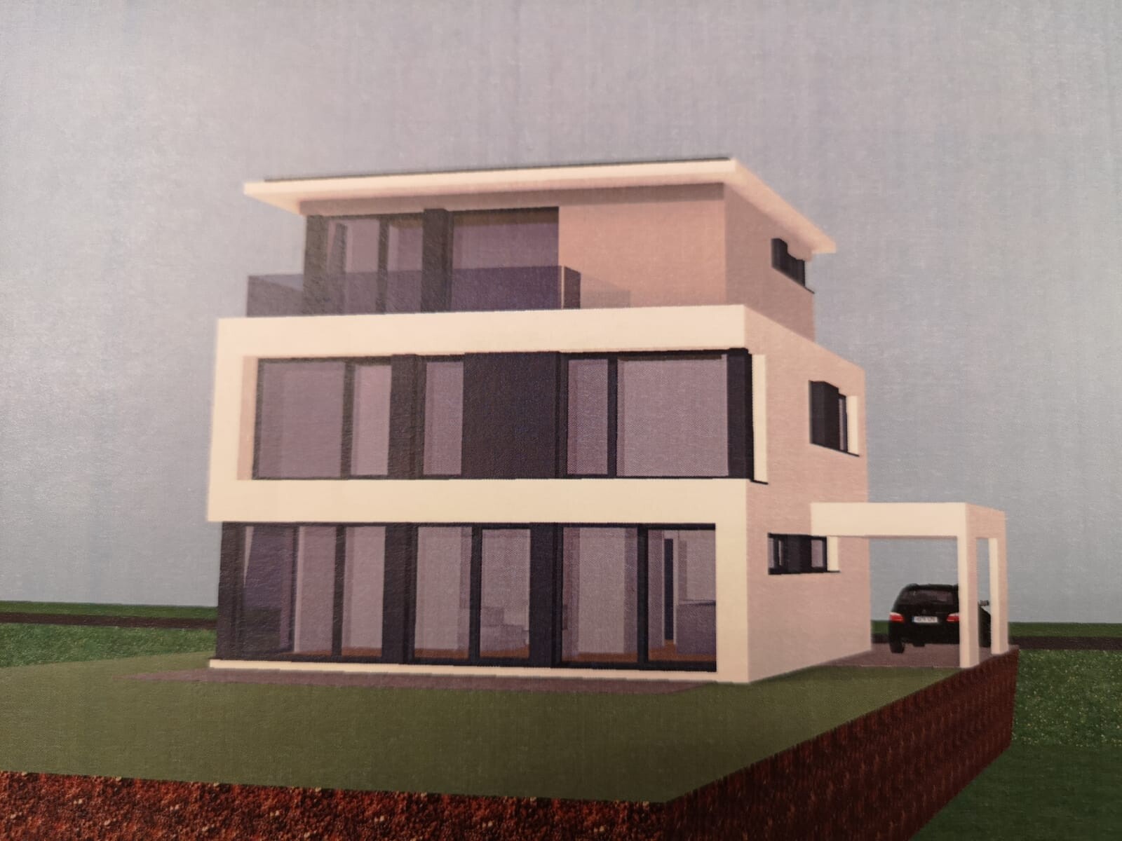 Moderne dreistöckige Villa mit großen Glasfronten, Carport und Garten.