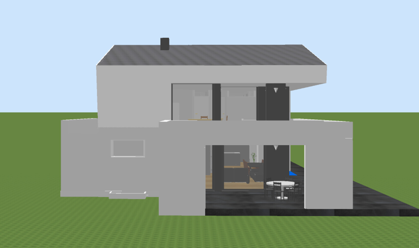 Moderne zweistöckige Hausvorderansicht in Grau mit Glasfront und Terrasse.