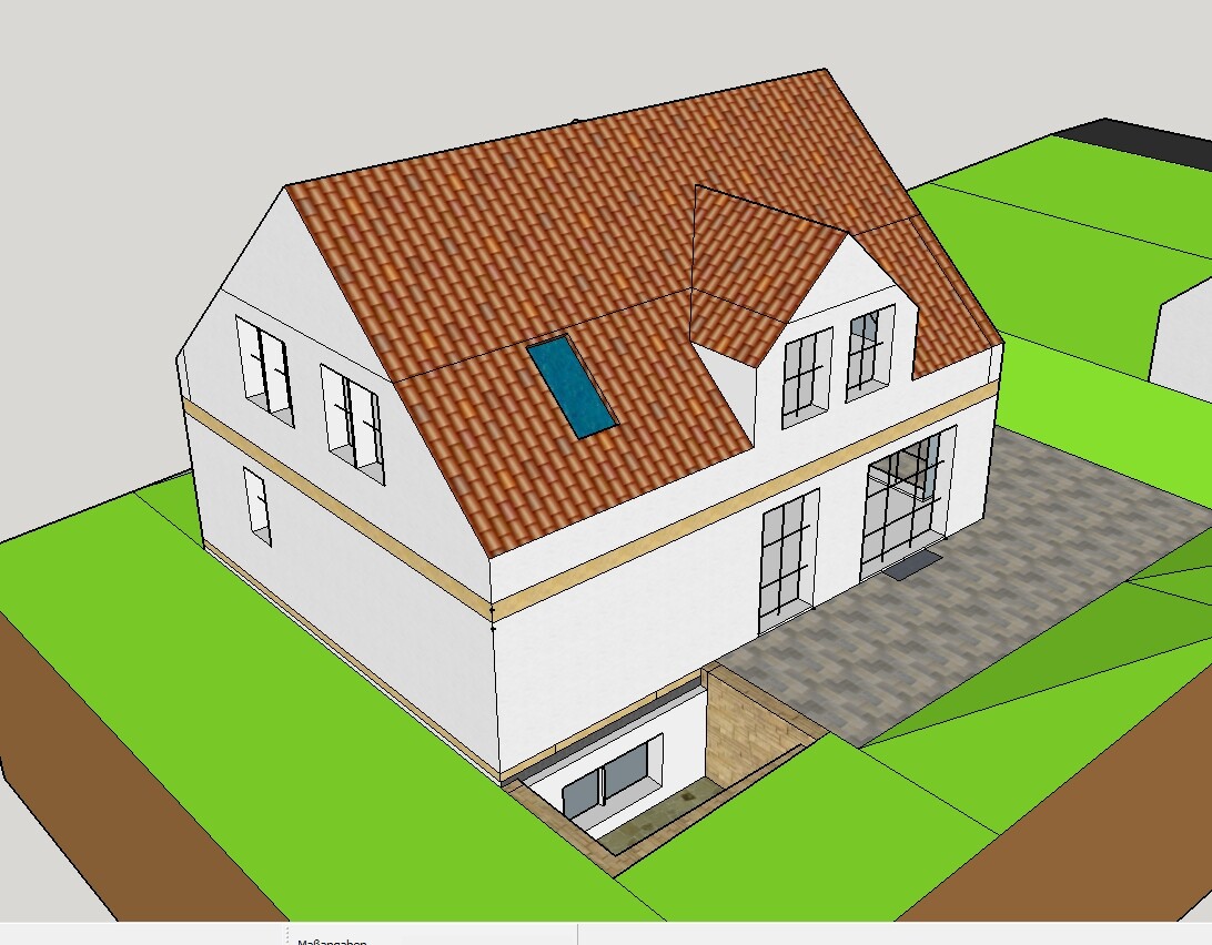 3D-Modell eines Einfamilienhauses mit rotem Ziegeldach, weißen Wänden und Terrasse.