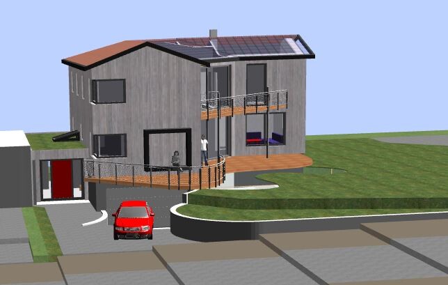 Moderne zweigeschossige Villa mit Solaranlagen, Holzverkleidung, Balkon und rotem Auto