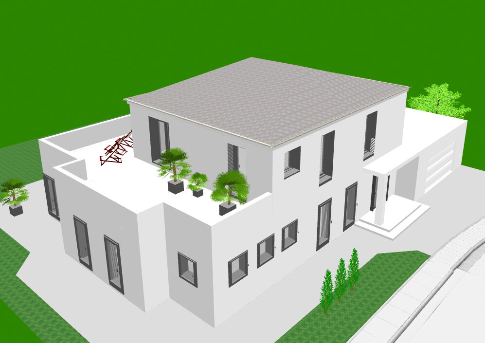 Modernes weißes Zweistöckhaus mit Dachterrasse, Pflanzkübeln und Garage.