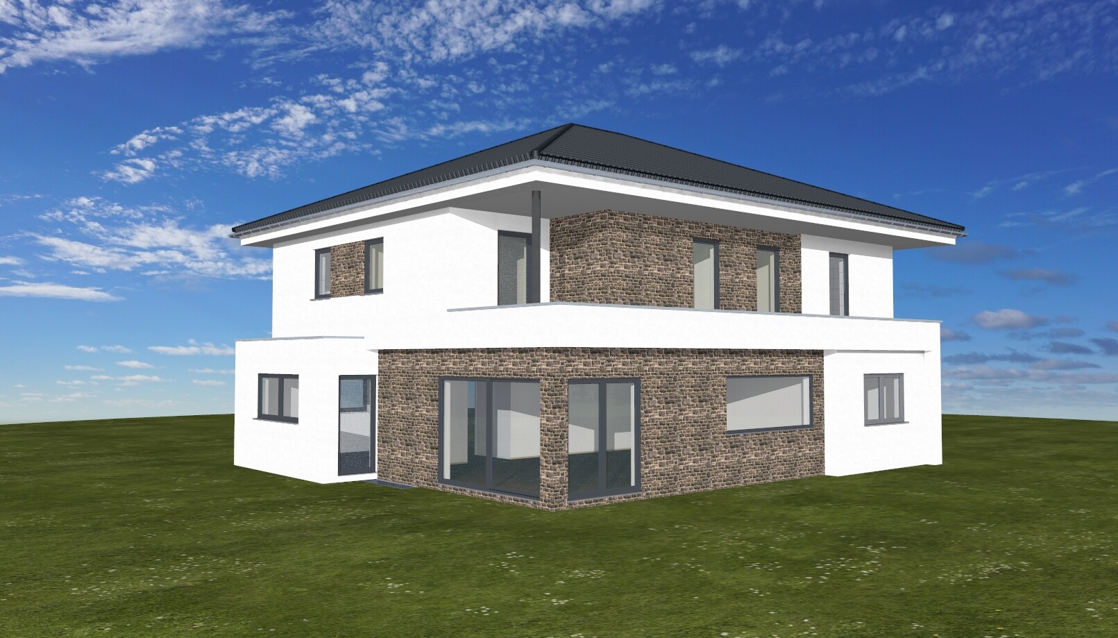 Modernes zweistöckiges Haus: weiße Fassade mit Steinverkleidung, große Glasfenster, graues Dach.