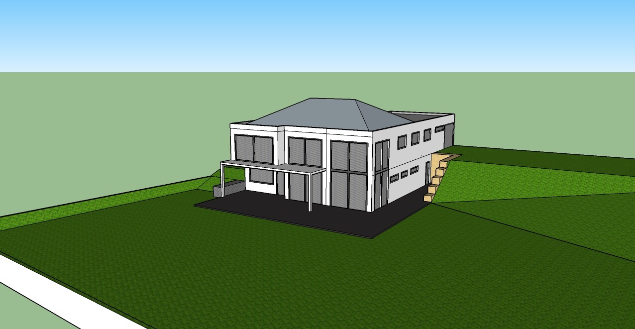 Moderne 3D-Hausansicht: weißes Haus mit Terrasse und Treppe im Garten.