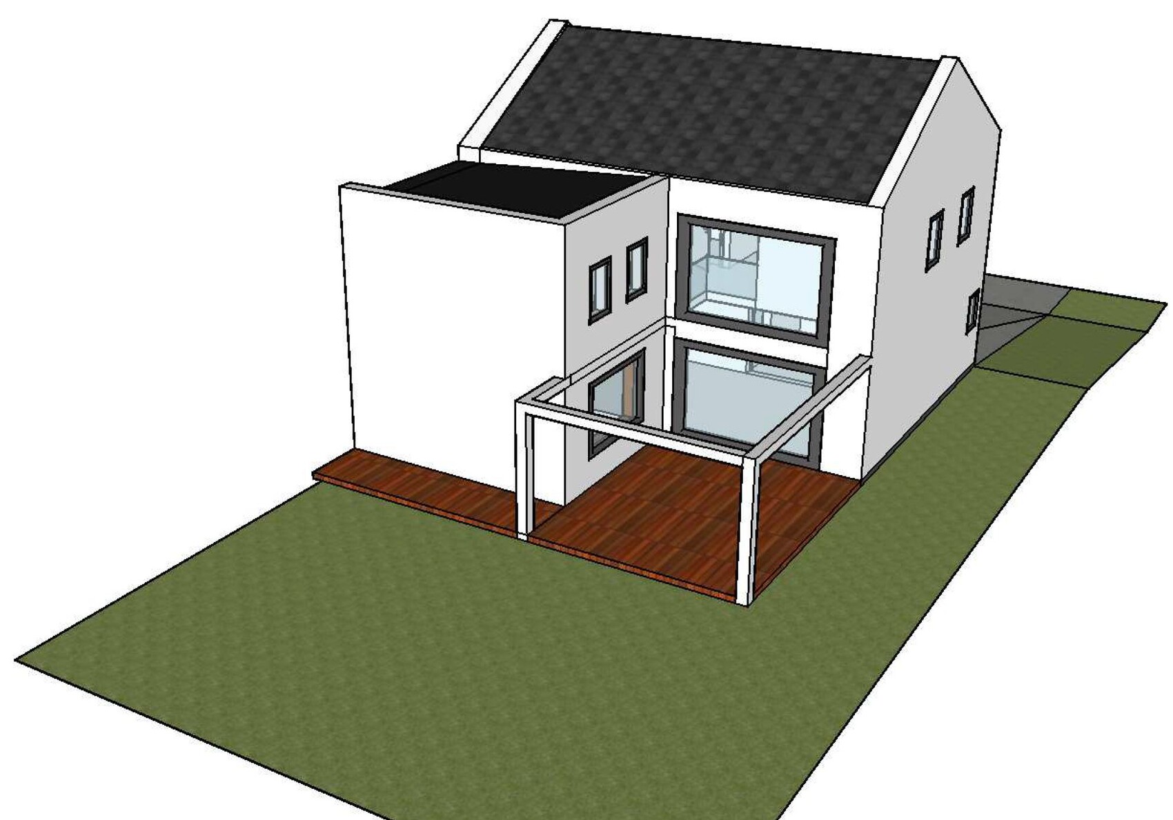 Modernes zweigeschossiges Haus mit Holzdeck, Glasfronten und Pergola.