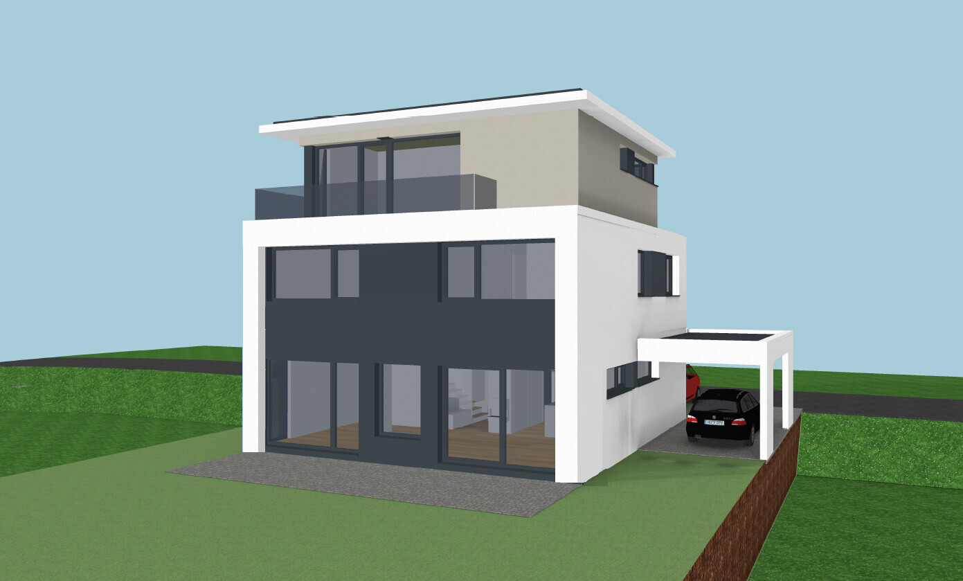 Modernes dreistöckiges Haus mit großer Glasfront, Balkon, Carport und Gartenfläche.