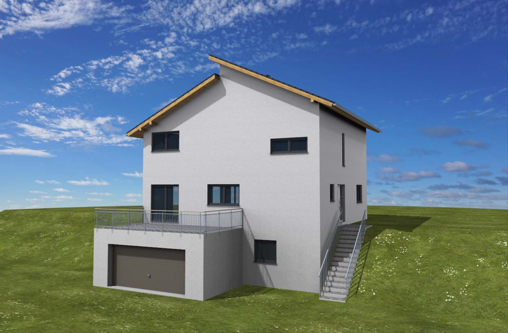 Außenansicht eines modernen 3D-Hauses mit Garage, Terrasse und Grünland.