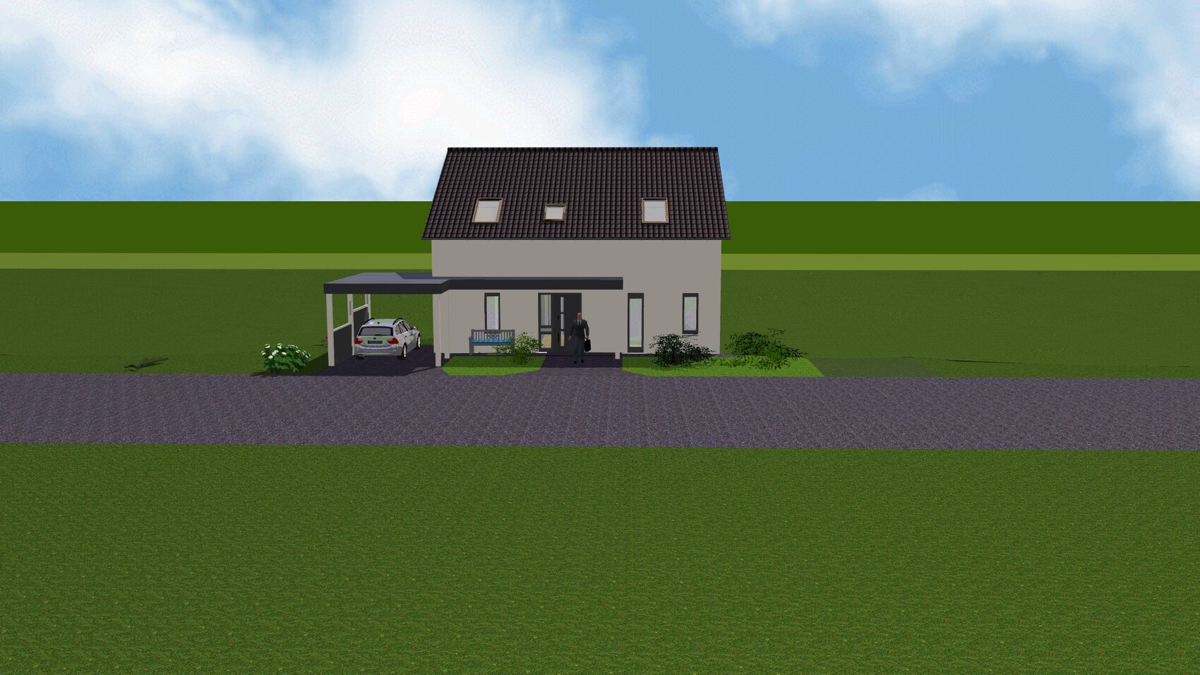 Zweistöckiges Haus mit Carport, geparktes Auto und Mann am Eingang; grüne Rasenflächen.