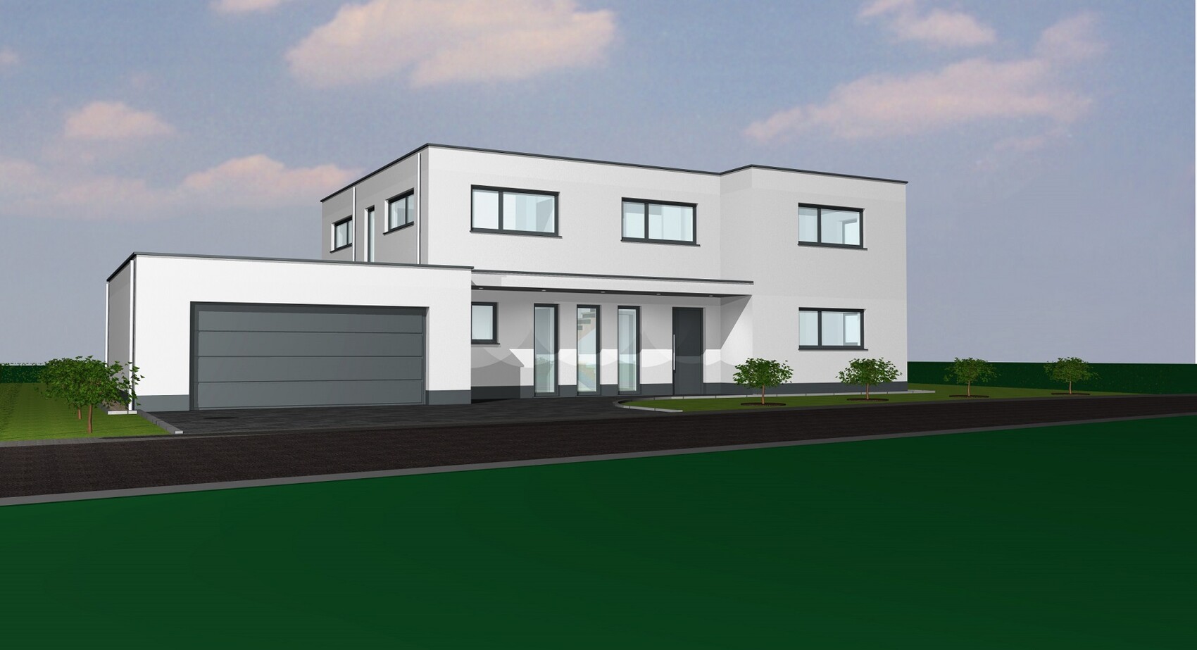 Moderne zweistöckige Hausfront mit Garage, großen Fenstern und Einfahrt im 3D-Rendering