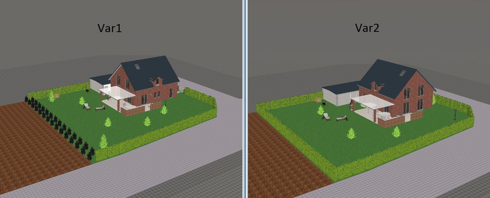 Zwei 3D-Hausmodelle mit Garten, Terrasse und Hecken – Var1 und Var2.