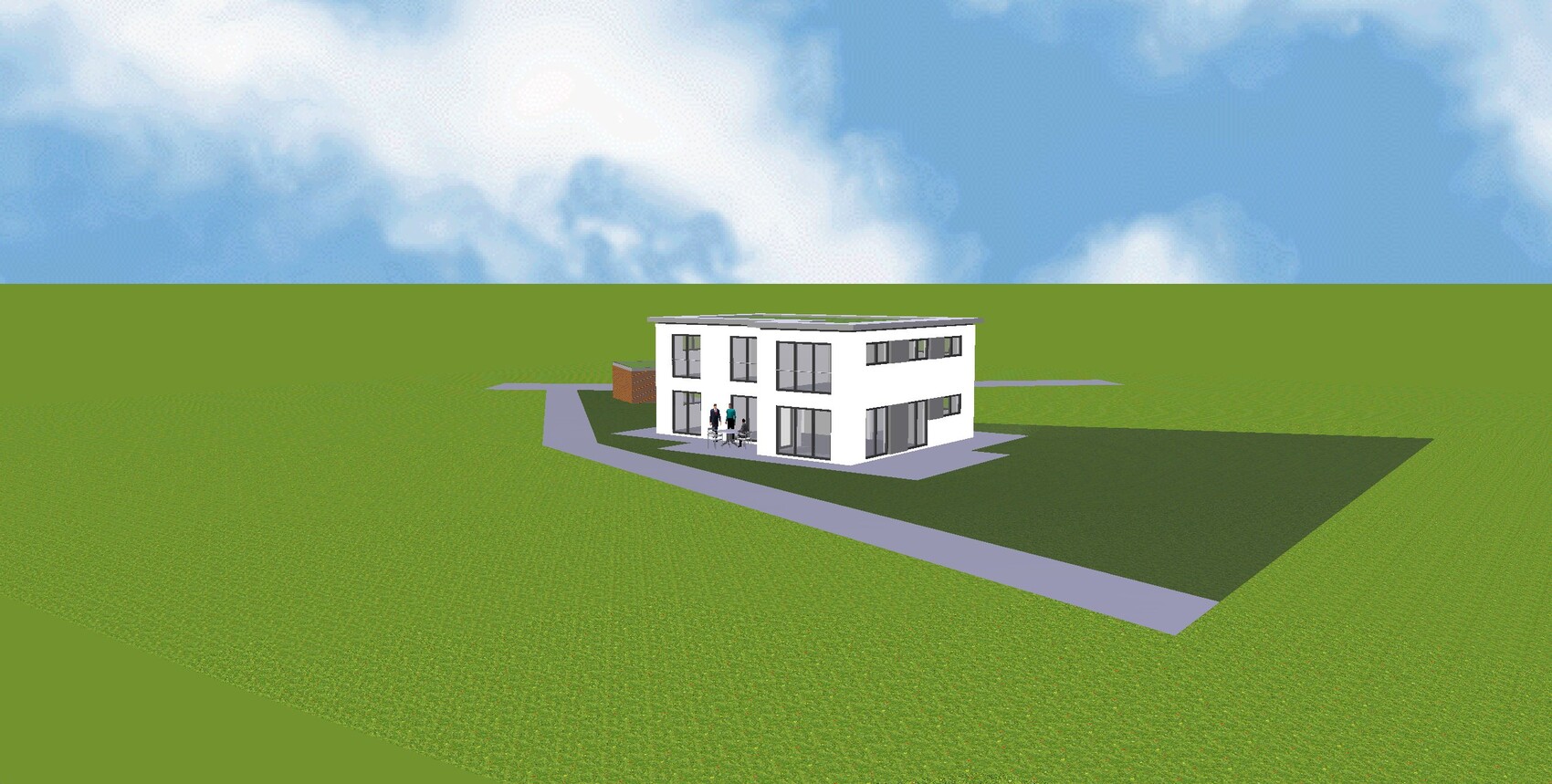Modernes weißes Zweigeschoss-Haus mit großen Fenstern auf grüner Wiese; Menschen vor Eingang.