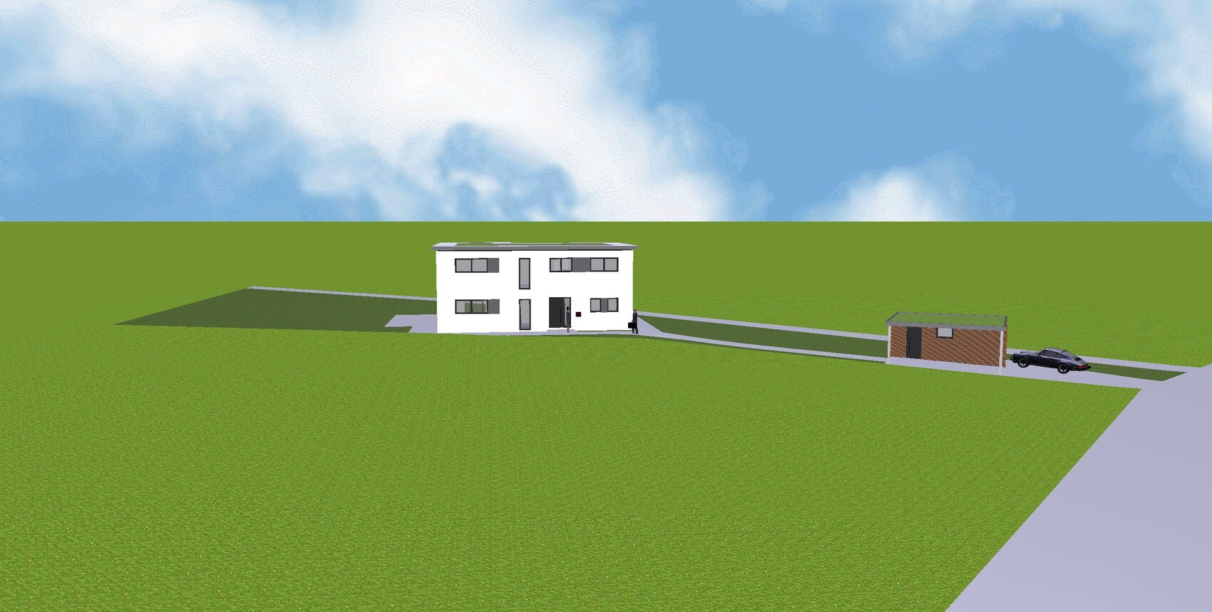 Moderne weiße, zweigeschossige Hausfront mit Zufahrt, Auto davor, grüne Wiese und blauer Himmel.