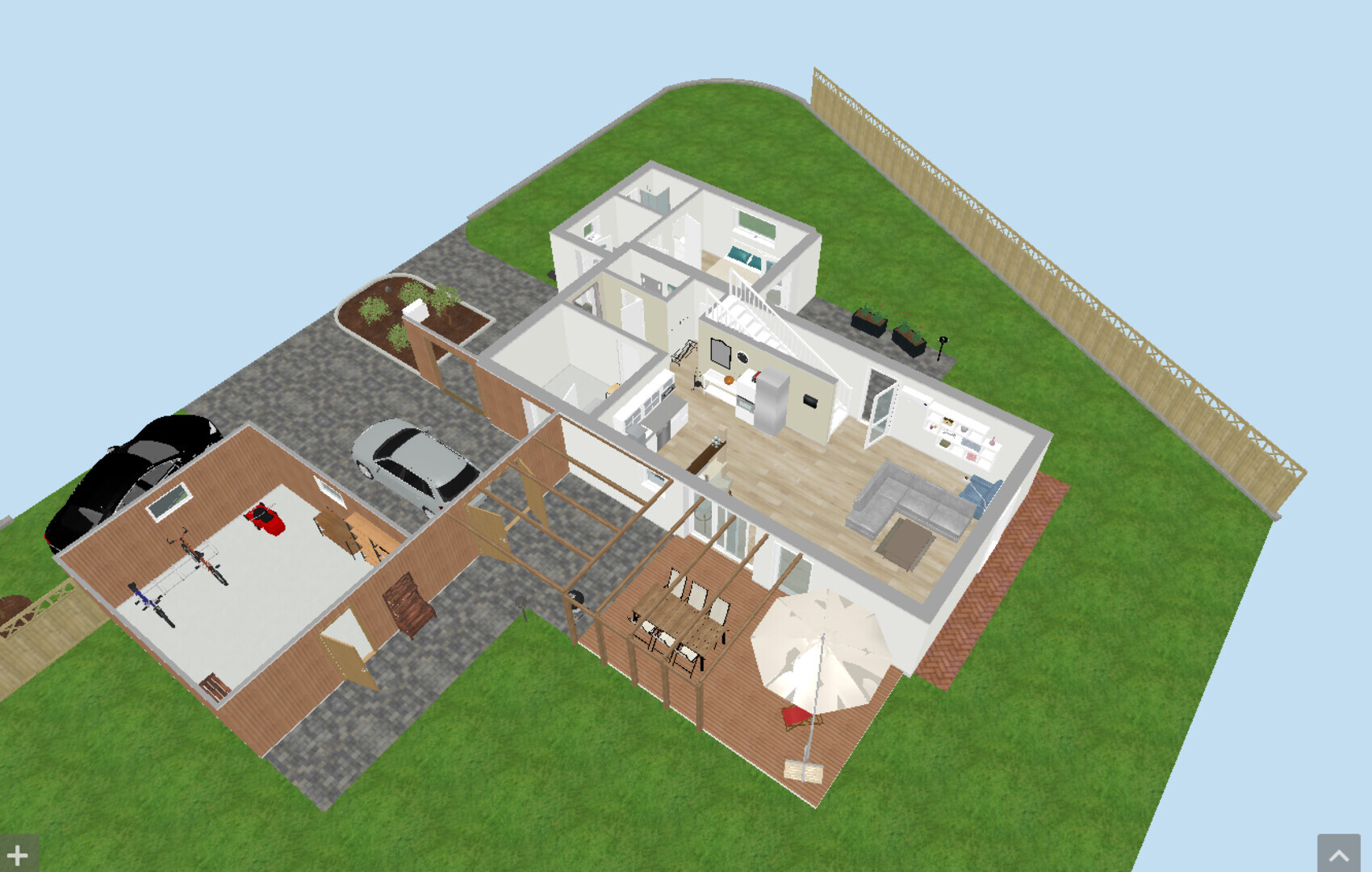 Isometrische Hausgrundriss-Darstellung: Garten, Terrasse, Garage mit Autos, Küche, Wohnzimmer.