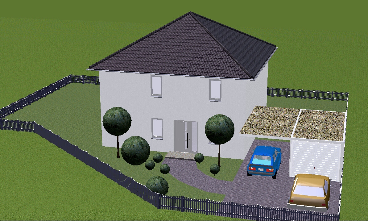 Zweistöckiges graues Haus mit zwei Autos vor der Garage, Garten und Zaun.