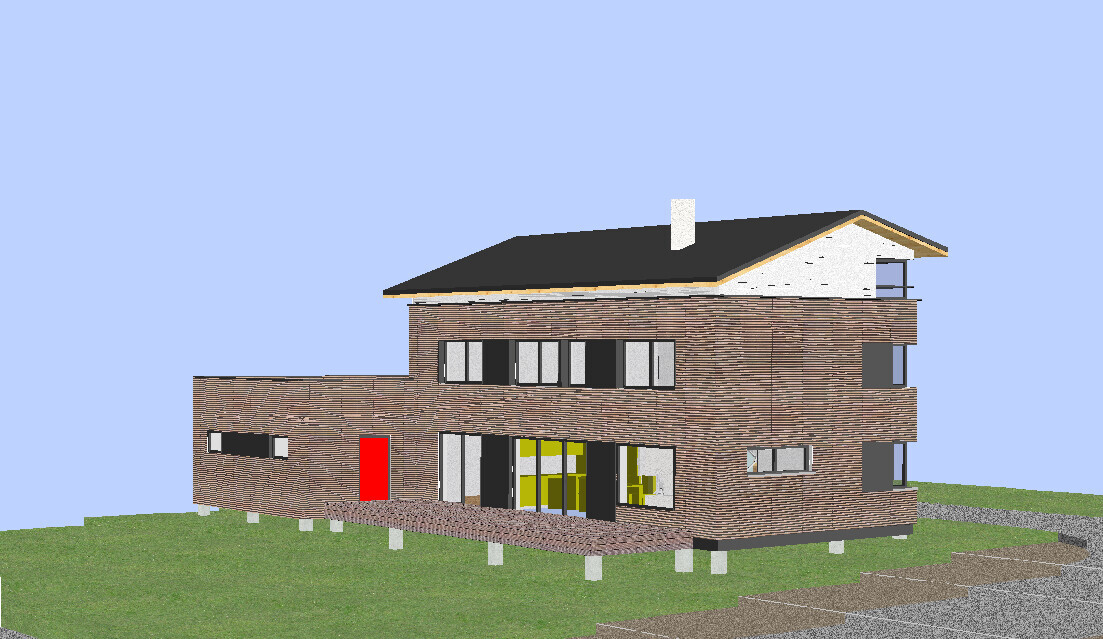 Moderne zweistöckige Backsteinvilla mit roter Tür, großen Glasfronten und Terrasse auf grünem Gelände.