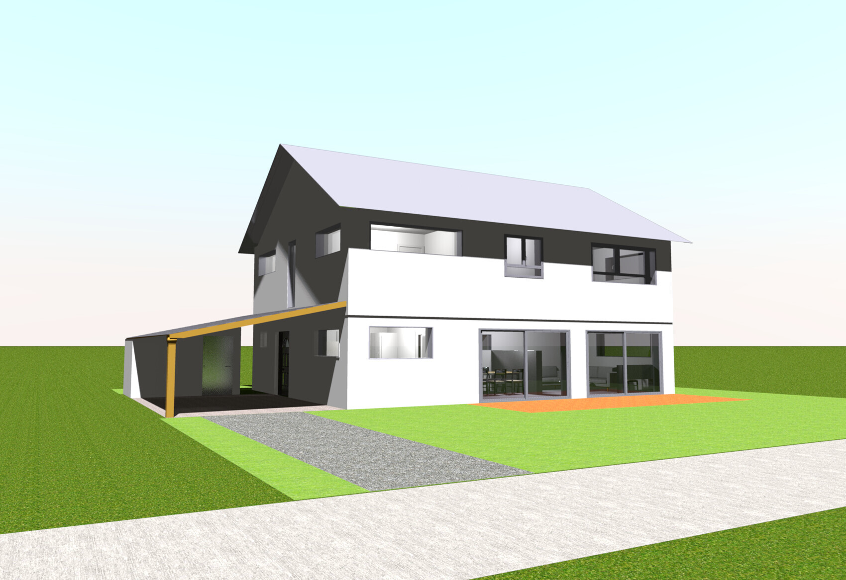 Modernes zweistöckiges Haus mit grauem Dach, weißer Fassade und Carport.