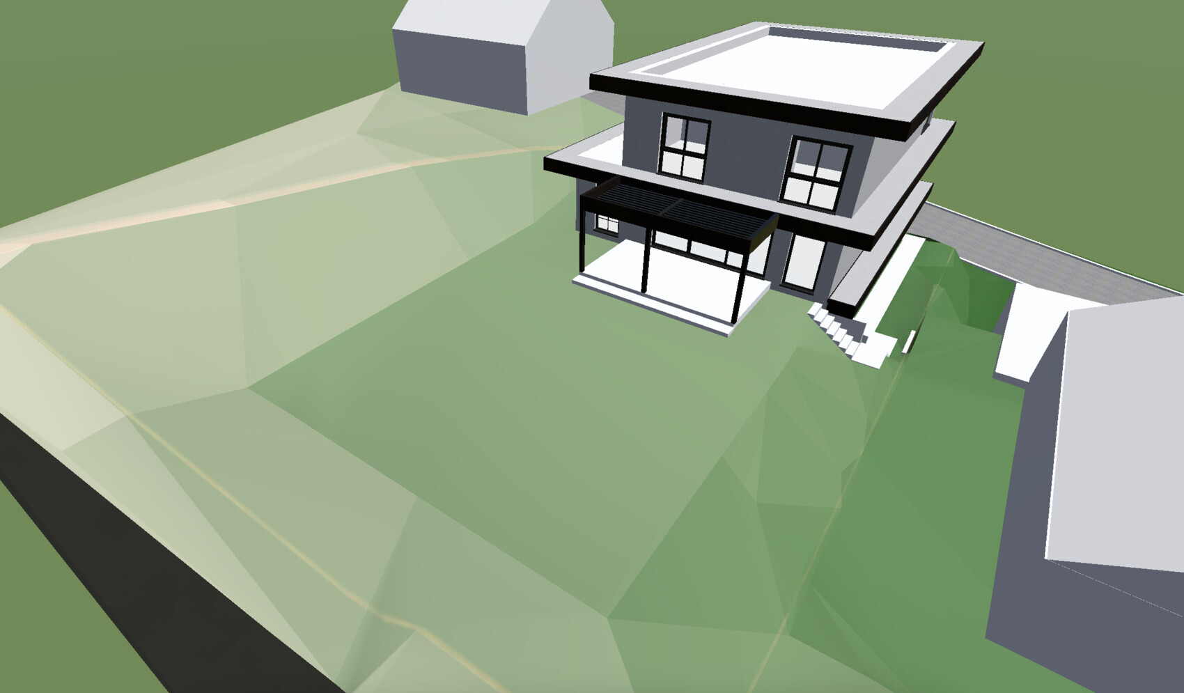 Moderne zweistöckige Hausmodell auf Hang mit Terrasse und Pergola, 3D-Rendering.