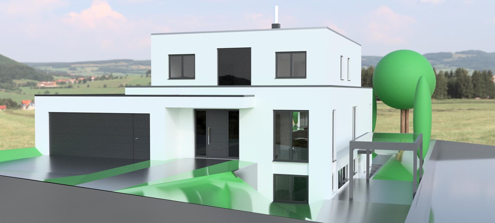 Moderner zweistöckiger weißer Hausentwurf mit Garage und großen Fenstern auf ländlicher Wiese.