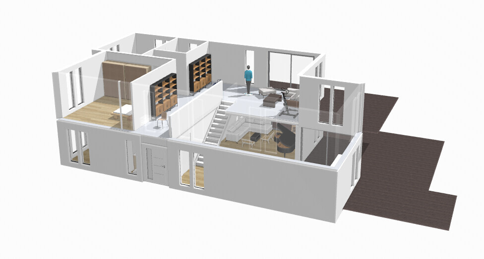 Isometrischer 3D-Render eines modernen Hauses mit offenen Innenräumen, Treppe und Terrasse