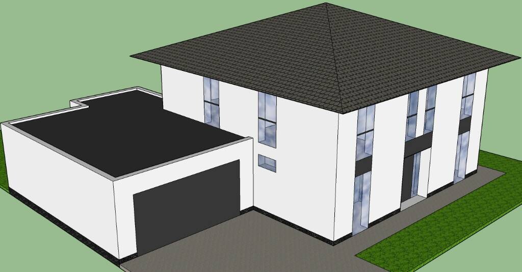 Moderne weiße 3D-Hausmodell mit Garage und Flachdach