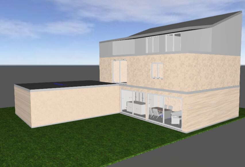 3D-Modell eines modernen zweigeschossigen Hauses mit Glasfront und Garten.