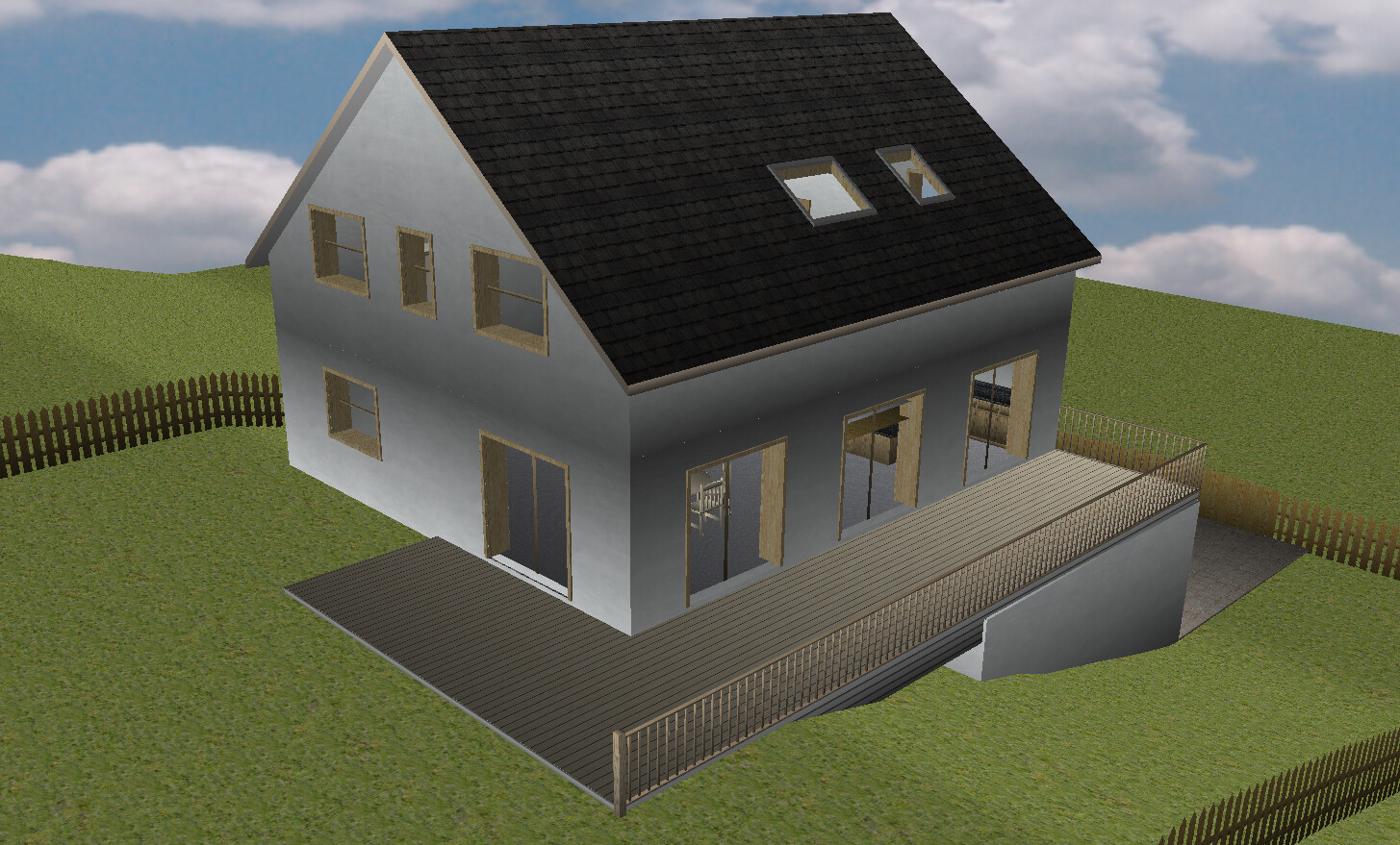 Zweistöckiges Haus mit dunklem Satteldach, Dachfenstern und Holzterrasse vor dem Haus.