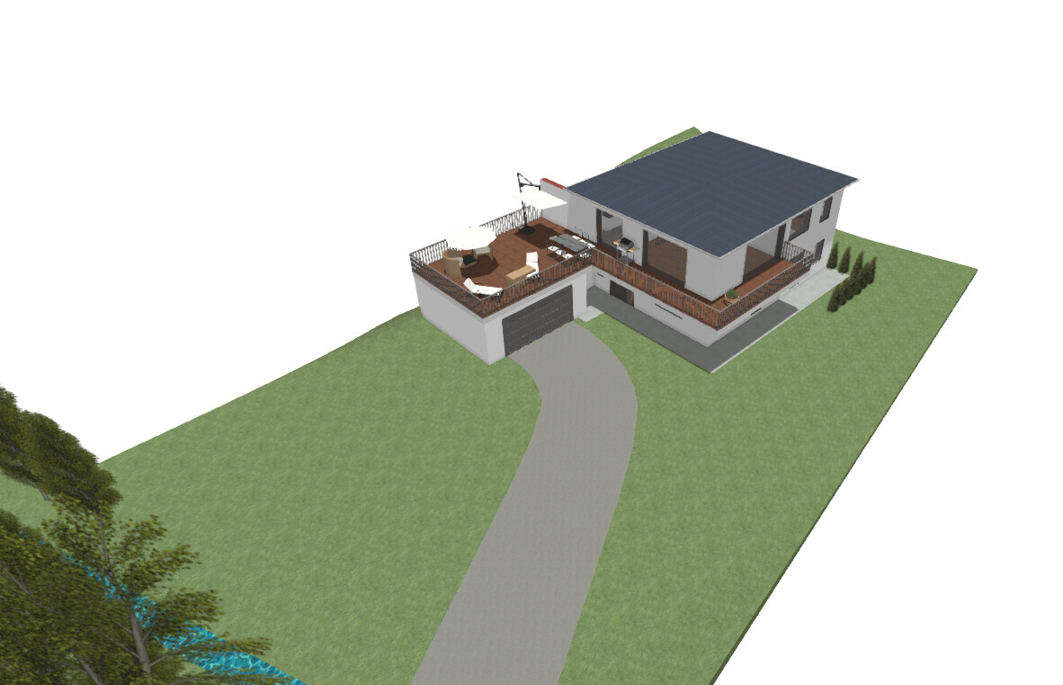3D-Modell eines modernen Hauses mit Terrasse und Garage auf grünem Grundstück.
