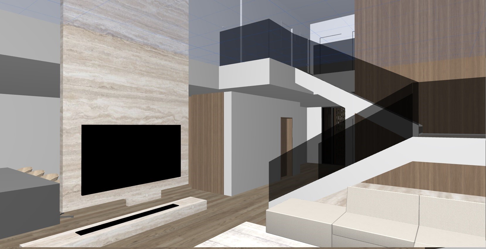 Modernes Wohnzimmer mit Steinwand-TV, Kamin, offener Treppe und Glasgeländer