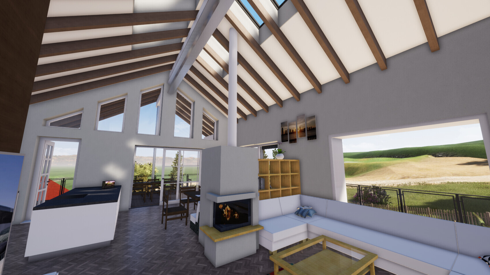 Offener Wohnraum mit Kamin, Ecksofa, Holzbalkendecke und großen Fenstern mit Terrassenblick.