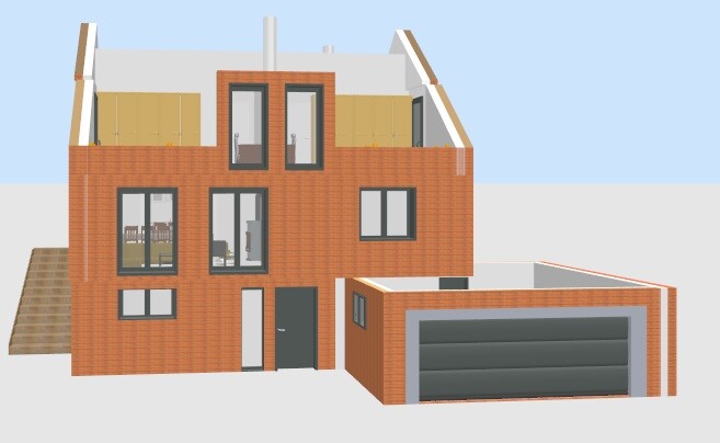 Modernes zweistöckiges Backsteinhaus mit großen Fenstern und Garage