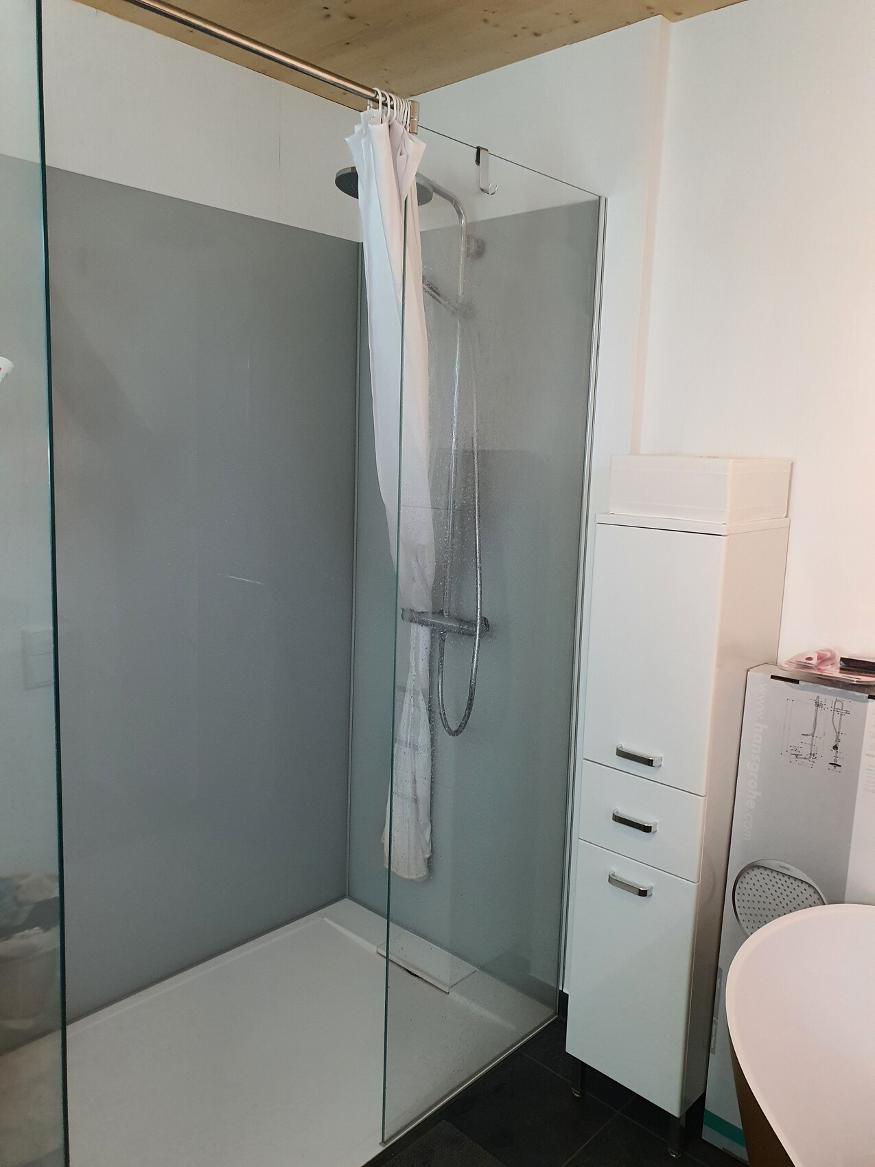 Badezimmer: Glasduschkabine mit Duschkopf und Vorhang; daneben ein weißer Hochschrank.
