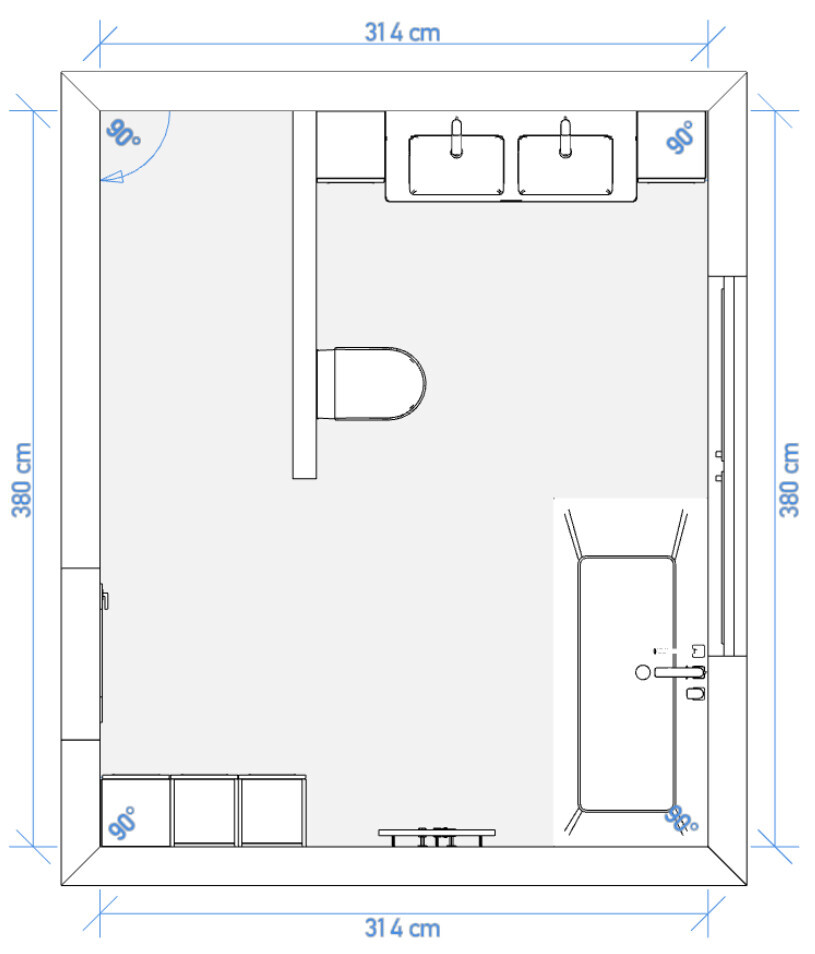 Grundriss eines rechteckigen Raums (314x380 cm) mit Doppelwaschbecken oben und Schränken links