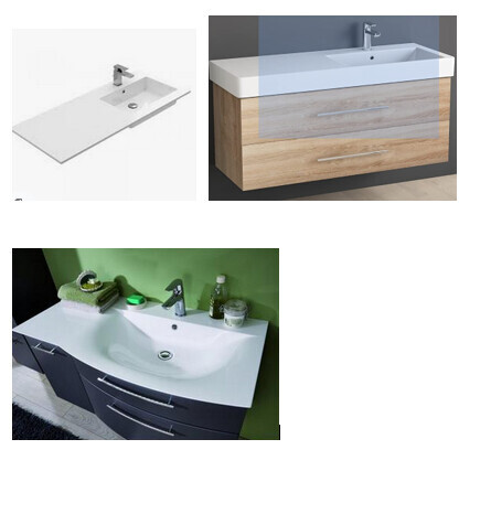 Drei Badezimmer-Waschbecken-Installationen mit Wand- und Holzunterbau, moderne Sanitärkeramik