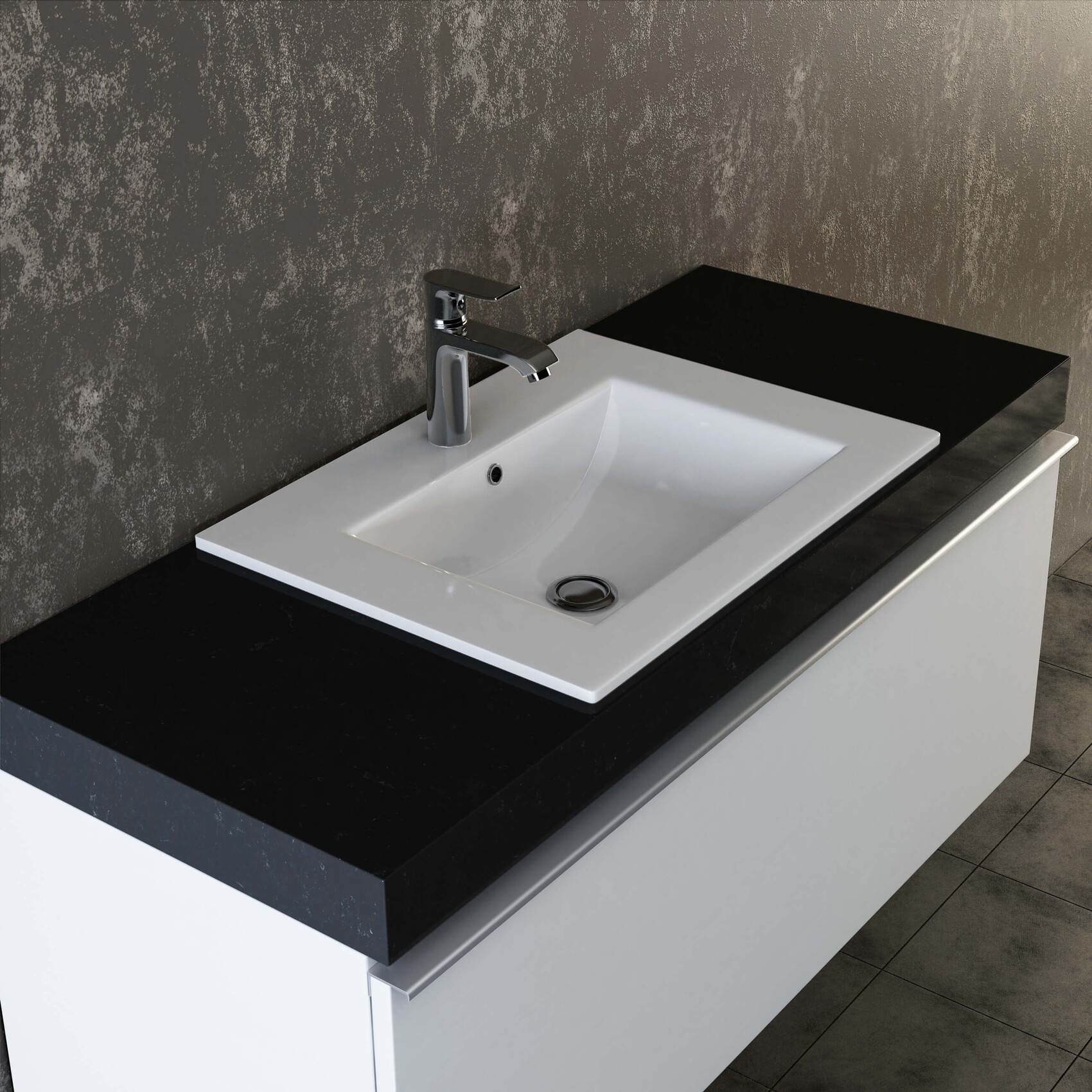 Moderner Waschplatz mit rechteckigem weißen Becken, schwarzer Steinplatte und Chromarmatur.