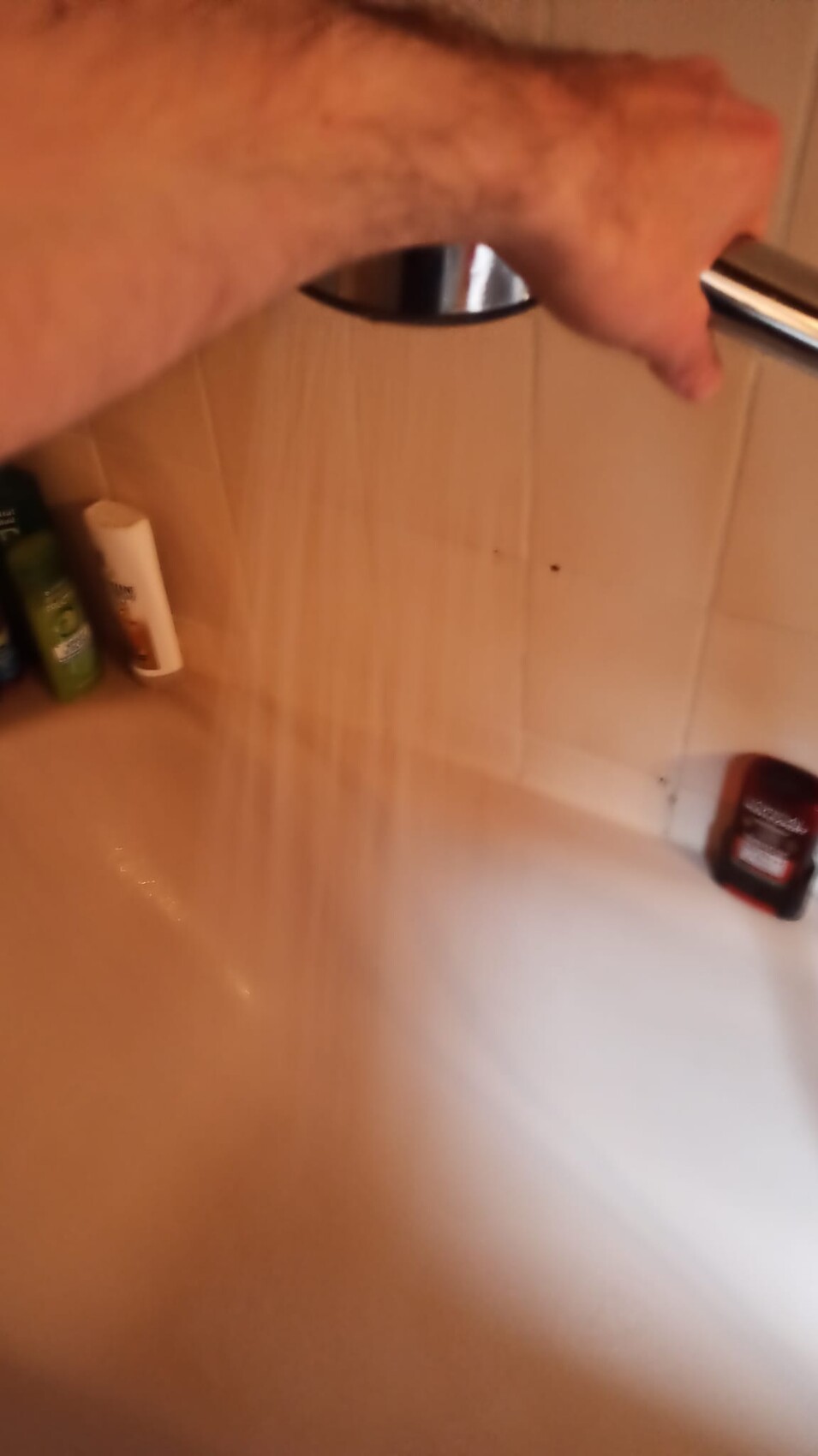 Eine Hand hält eine glänzende Metallstange in der Dusche; am Badewannenrand stehen Flaschen.