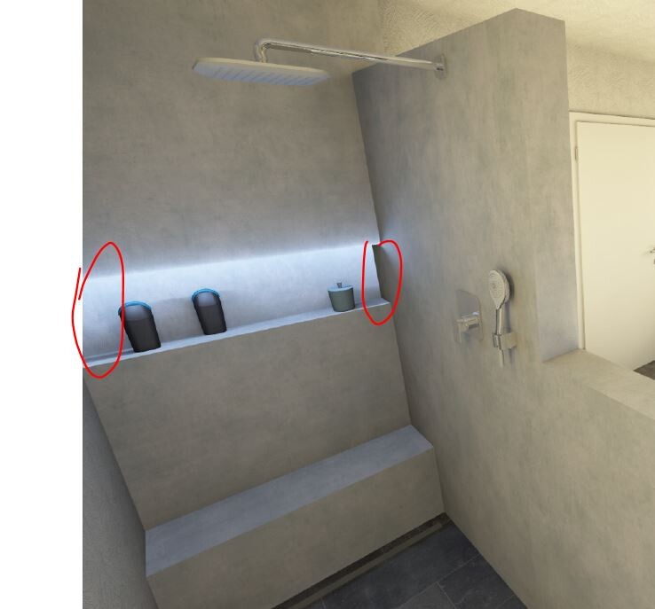 Moderne Betondusche mit LED-Licht, Ablage mit Flaschen, Duschkopf und Handbrause.
