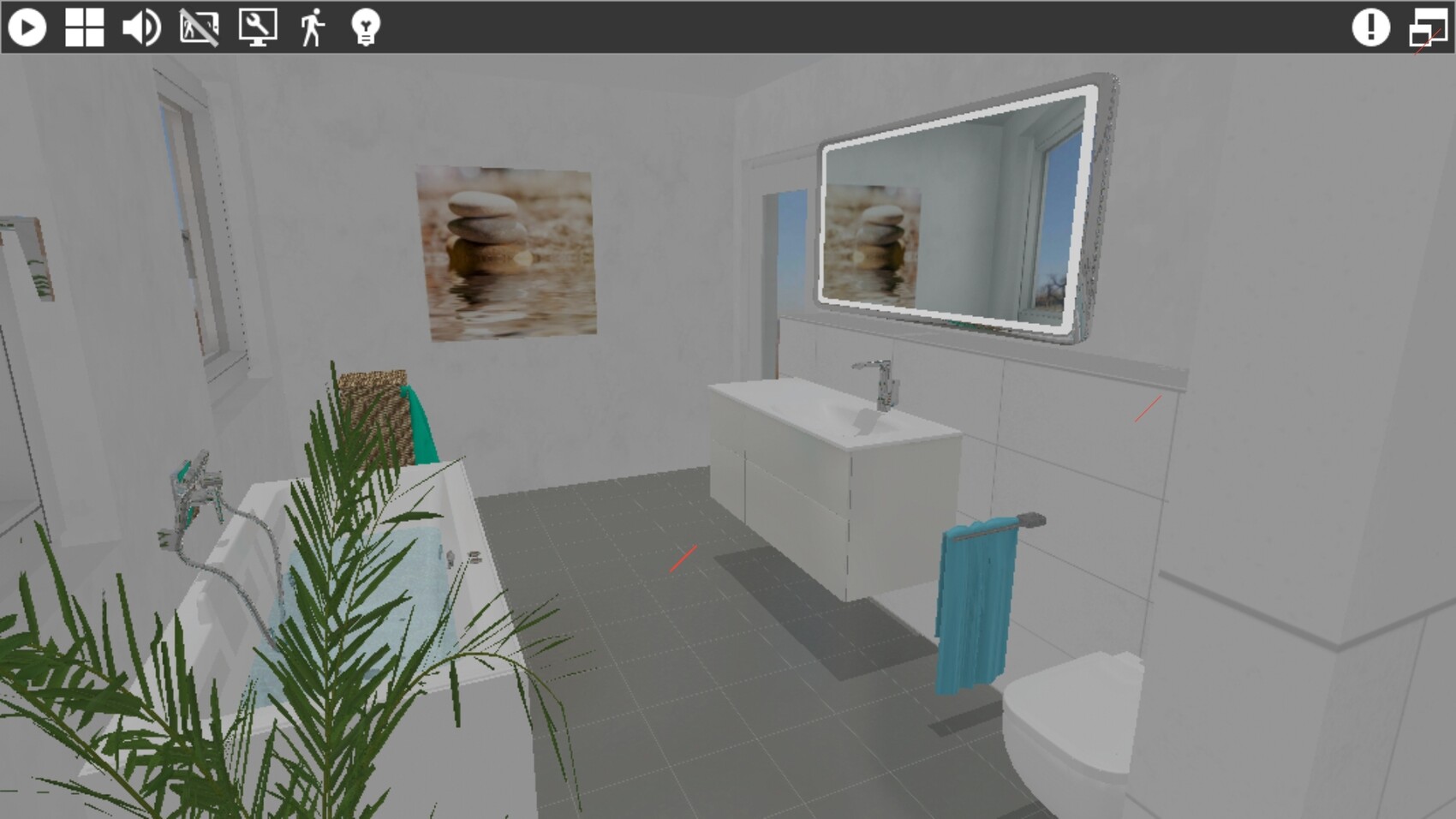 Modernes Badezimmer mit Waschtisch, beleuchtetem Spiegel, Toilette, grauen Fliesen und Pflanzen.