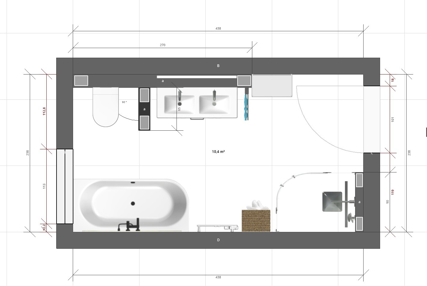 Grundriss eines Badezimmers: Badewanne links, WC, Doppelwaschbecken in der Mitte, Dusche rechts.