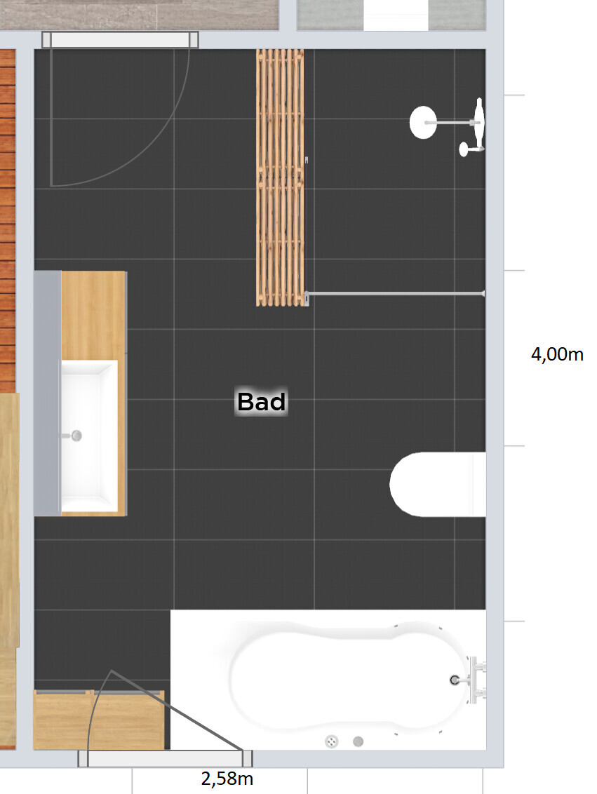 Draufsicht Badezimmer mit Waschbecken, Badewanne und dunklen Fliesen.