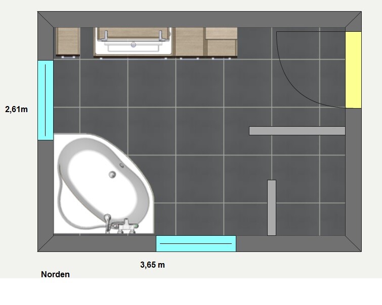 Grundriss eines Badezimmers von oben: Badewanne links unten, Waschbecken oben, Fliesen, Tür rechts.