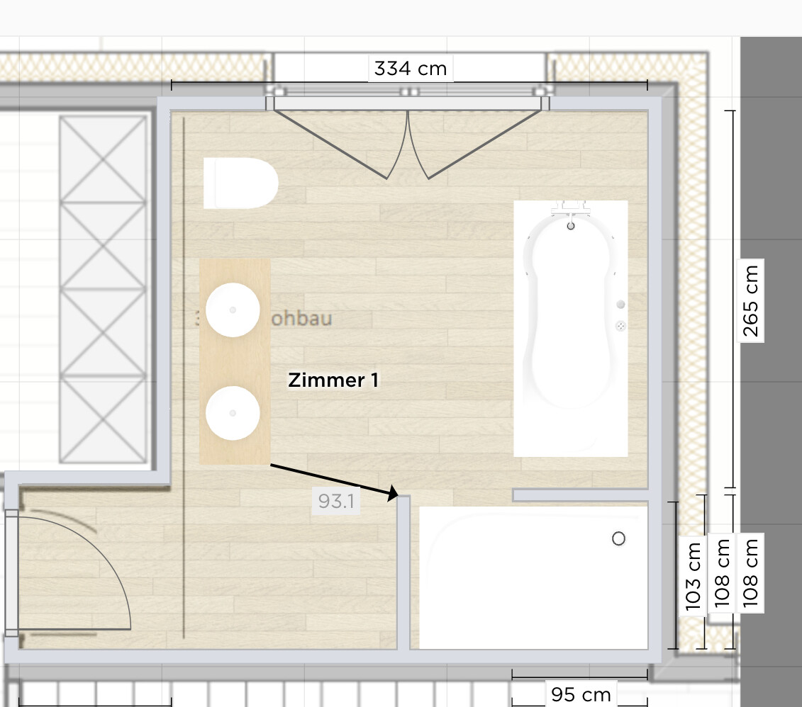 Grundriss von Zimmer 1 mit Badewanne rechts, zwei Waschbecken links, Tür unten links.