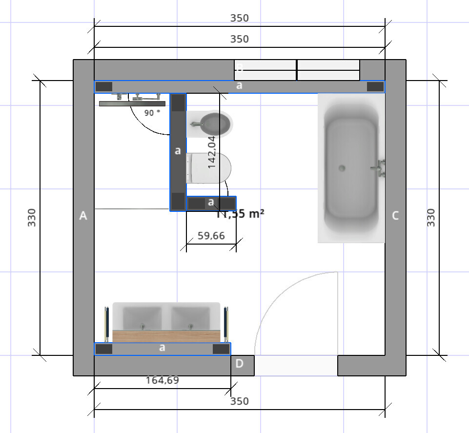 Grundriss eines Badezimmers: Badewanne rechts, Doppelwaschbecken links, Tür unten.