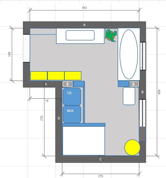Grundriss von oben: ovale Badewanne rechts, Waschmaschine/Trockner links, gelbe Ablagen.